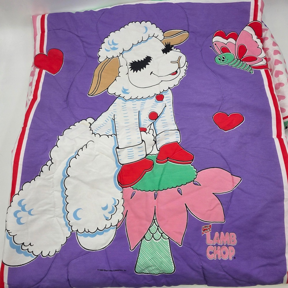 VINTAGE 1993 LAMB CHOP COMFORTER TWIN BEDDING ALL OVER PRINT HEARTS RARE EUC